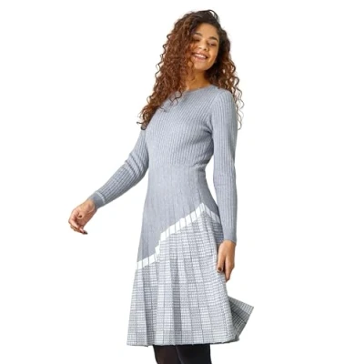 Image of Roman Originals Ribbed Stretch Knit Dress for Women UK Ladies Everyday Autumn Winter Round Neckline Comfy Soft Evening Vacation Work Party Night Out Light Grey Size 16