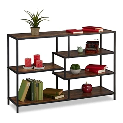 Image of Relaxdays Shelf, Industrial Style, 5 Shelves, Wooden Look, H x W D: 79 115 33 cm, Metal, MDF, Dark Brown/Black, Fibreboard