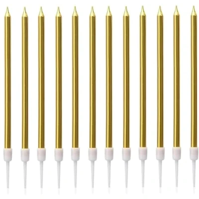 Image of Gold Birthday Candles for Cakes, Pack of 12 Pieces Long Party with Candle Holders, Tall Cake Wedding, Birthday, Decorations, Anniversary, Special Moments