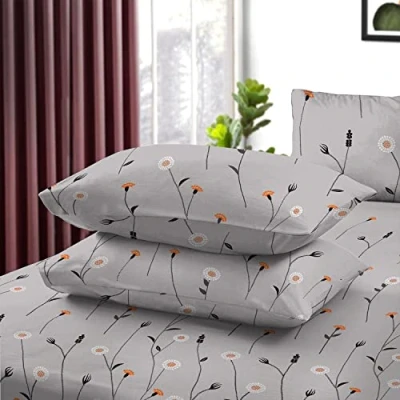 Image of RAYBedding 2 Pack Pillowcase 100% Egyptian Cotton Pillow Covers 400 Thread Count Floral Printed Poppy Grey Cases