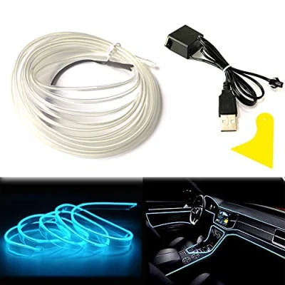 Image of Balabaxer El Wire Ice Blue Interior Car LED Strip Lights, 5M Neon USB 5V with Fuse Protection for Automotive Decoration 6mm Sewing Edge…