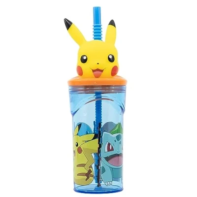 Image of Pokemon 3D Cartoon Character Kids Figurine Tumbler, Childrens Drinking Cup with Straw, BPA Free Plastic Tumbler Great for Picnics, School, Camping, or Just Everyday Use, 360 ml (Yellow)