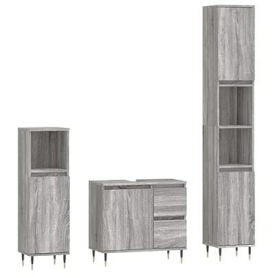Image of vidaXL 3 Piece Modern Bathroom Furniture Set in Grey Sonoma Engineered Wood Construction with Multiple Storage Options