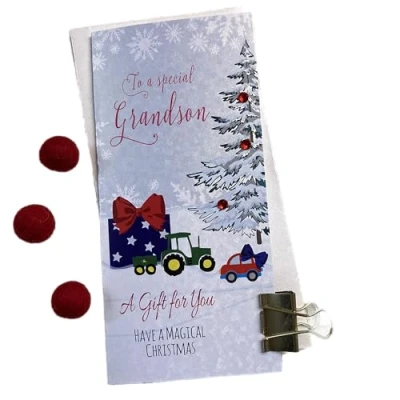 Image of WHITE COTTON CARDS GRANDSON CHRISTMAS MONEY WALLET BLUE TREE (WBW52)