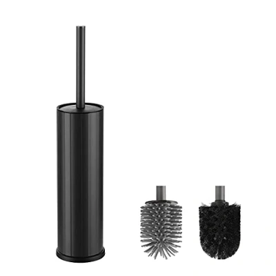 Image of Black Toilet Brush, Round Brush Holder With 2 Head, Aluminum Loo for Bathroom
