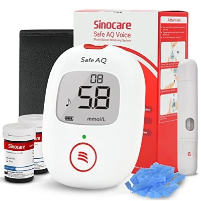 Image of Diabetes Test Kit, Blood Sugar Tester with Voice Reminder and Light Warning Glucose Monitor Strips x 50 Lancet 50, Sinocare Safe AQ Glucometer in mmol/L