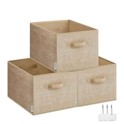 Image of SONGMICES Collapsible Storage Boxes, Set of 3 Fabric Baskets, 40 x 30 24 cm, Wardrobe Organisers, 2 Handles, Label Holders, for Bedroom, Living Room, Sand Beige ROB440K01