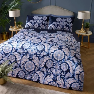 Image of Laurence Llewelyn Bowen Blue Mandala Floral Duvet Cover King Bedding Size (230 x 220cm) Reversible Designs Luxury Bed Set Sunflower Romilly Collection