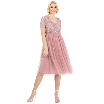 Image of Maya Deluxe Women&#039;s Embellished Midi Evening Dress Ladies V Neckline with Short Sleeve for Prom Wedding Bridesmaid, Vintage Rose, 16