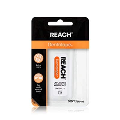 Image of Reach Dentotape Waxed Dental Floss with Extra Wide Cleaning Surface for Large Spaces between Teeth, Unflavored, 100 Yards