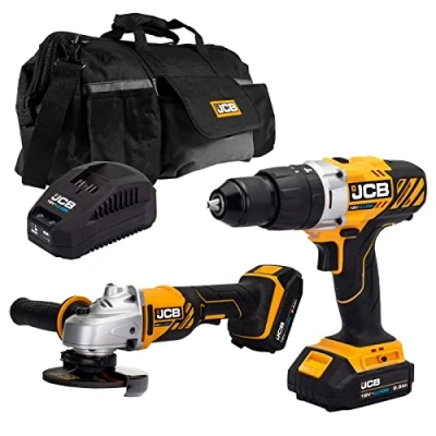 Image of JCB 18V Cordless Combi Drill &amp; 112mm Angle Grinder, 2X 2.0Ah Battery, Fast Charger, Tool Free Blade Changing, 16+3 Position Torque, 20&quot; Power Kit Bag, 3 Year Warranty