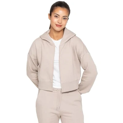 Image of 989Zé ENZO Womens Hoodie Top Casual Fleece Cropped Sweatshirt With Hood Crop Hoody (UK, Alpha, M, Regular, Oatmeal Zip)