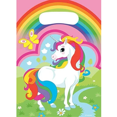 Image of Amscan 9902106 Rainbow Unicorn Kids Birthday Party Plastic Loot Bags 8 Pack