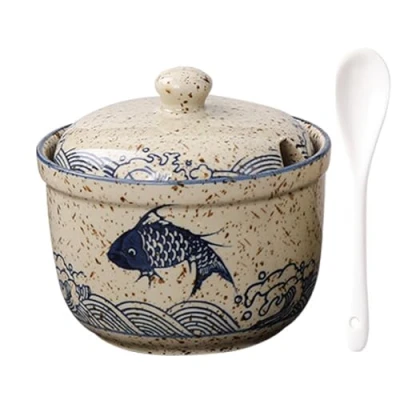 Image of TuYines Ceramic Sugar Bowl with Lid and Spoon, Spice Jars, Jar for Sugar, Salt, Cheese, Spices