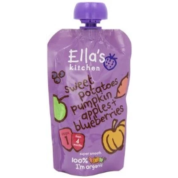 Image of Ella&#039;s Kitchen Stage 1 Baby Food Sweet Potatoes, Pumpkin, Apples &amp; Blueberries 120g (Pack of 6)