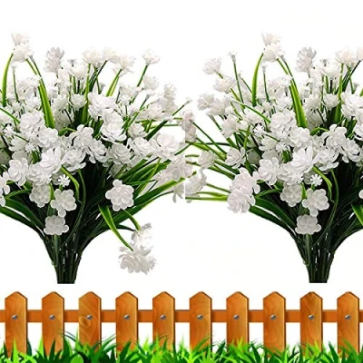 Image of Leixi Artificial Flowers, 6pcs Fake Outdoor UV Resistant Plants Faux Plastic Greenery Shrubs Indoor Outside Hanging Planter Home Kitchen Office Wedding Garden Decor (White)