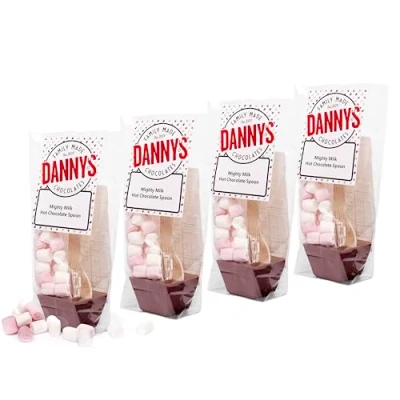 Image of Danny&#039;s Hot Chocolate Spoons with Marshmallows 4 x Large 50g Mighty Milk &amp; Mallows Stirrer Hamper Fillers Party Gifts Sleep Overs Sticks