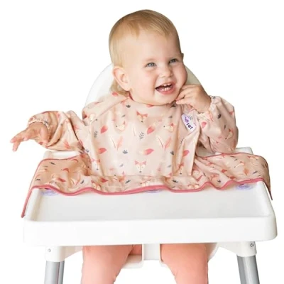 Image of Tidy Tot®™ Cover &amp; Catch™ Weaning Bib with Sleeves. Attaches to Highchairs Suction for Mess Proof Baby Feeding. Waterproof Long Sleeved Bibs. Coverall BLW Travel Bag Included.