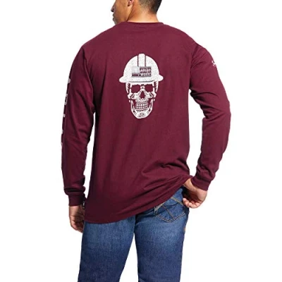 Image of ARIAT Men&#039;s Flame Resistant Roughneck Skull Long Sleeved Shirt Work Utility Tee, Malbec, Large