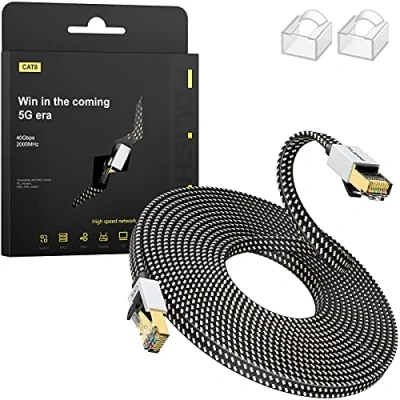Image of Cat 8 Ethernet Cable 5M, High Speed Gigabit Nylon Braided Lan Network Cat8 Patch Cord, 40Gbps 2000Mhz RJ45 Flat Shielded, Indoor&amp;Outdoor for Modem/Router/switch, Faster than Cat5e/Cat6/Cat7