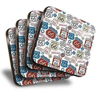 Image of Destination Vinyl ltd Great Coasters (Set of 4) Square Route 66 Highway USA Road Trip America Drink Glossy Coasters/Tabletop Protection for Any Table Type #8137