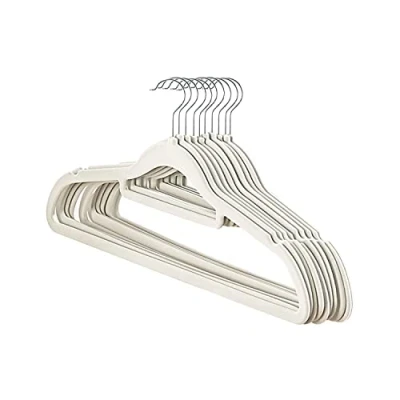 Image of Premium Velvet Hangers 10 Pack, Slim Space Saving Coat Hanger with Tie Bar, Non Slip Clothes 360 Swivel Hook, Suit, Shirt Dress &amp; Trouser Thin Flocked Felt (Beige)
