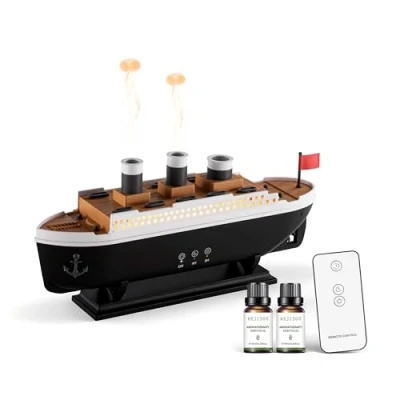 Image of LONYIABBI Steamship Essential Oil Diffuser, Aromatherapy Humidifier with Remote Control, 7 Color LED Lights, 2 Mist Modes, Timer, and Auto Shut Off for Home, Bedroom, Office