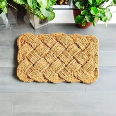 Image of Natural Rope Coir Mat Handmade Doormat Indoor Outdoor Knotted Non Slip Floor Dirt Scrapper Front Door Rug For Home Entrance Brown (1, 40x60cm)