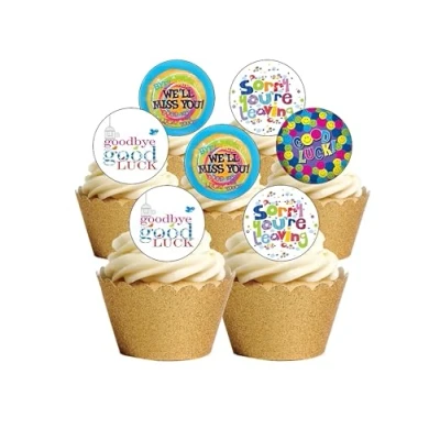 Image of 24 Precut Round Edible Wafer Paper Sorry You are Leaving Goodbye Good Luck Toppers Decorations