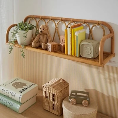Image of CuddleCo Aria Rattan Shelf for Books Large (80cm) Wall Mounted Bookshelf Handmade Book Display Organiser Kid&#039;s Bedroom/Nursery Décor