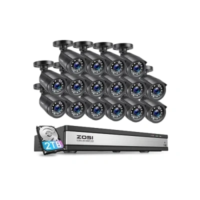 Image of ZOSI H.265+ 1080p 16 Channel Security Camera System,16 DVR with 2TB HDD and x Outdoor Indoor CCTV Bullet Cameras 80ft Long Night Vision 110 Wide Angle