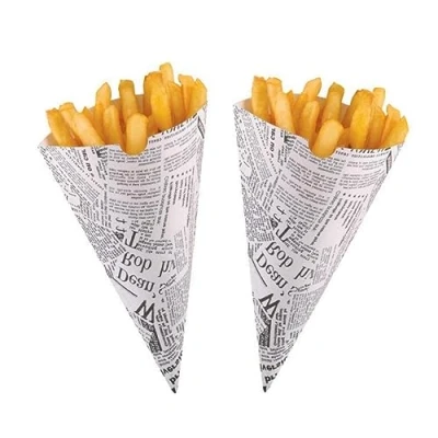 Image of Newsprint Fish &amp; Chips Fast Food Take Away Disposable Packaging Tray Boxes Select Items (Cone, 500)