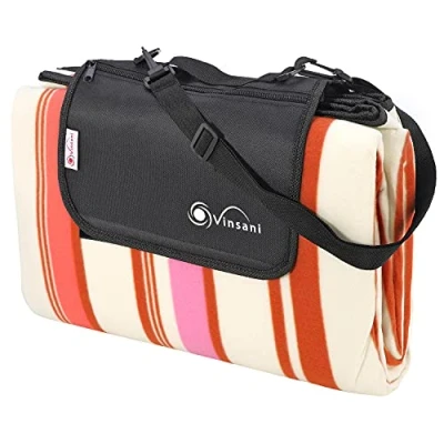 Image of Vinsani 220 x 200cm Folding Picnic Blanket Waterproof &amp; Sandproof Backing Ideal for Camping Outdoor Pink Stripe Rug Mat with Carry Handle