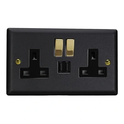 Image of Varilight Vogue Collection Matt Black 2 Gang 13 Amp Single Pole Switched Socket + x 5V DC 2100mA USB Charging Ports
