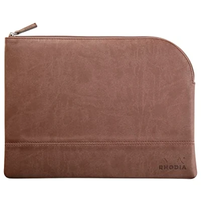 Image of RHODIA 116724C Faux Leather Zipped Pouch Chocolate Size L (21x28 cm) Real Stitching Orange Fabric Interior Storage for Documents, Small Supplies