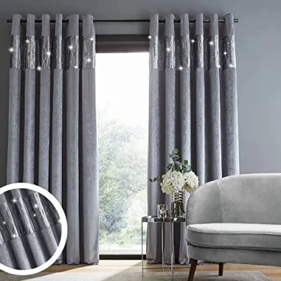 Image of Catherine Lansfield Crushed Velvet Glamour Sequin 90x90 Inch Lined Eyelet Curtains Two Panels Grey
