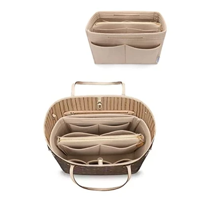 Image of LEXSION Felt Purse Bag Organizer Insert with zipper Tote Shaper Fit Speedy Neverful PM MM, 1 Beige, Slender Large