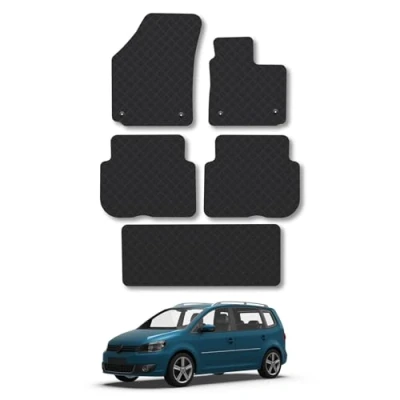 Image of Rubber Car Mats Compatible with VW Touran (2007 2015) Tailored Fit Floor Set Accessory Black Custom 4 Pieces Clips Anti Slip Backing, Heavy Duty &amp; Waterproof