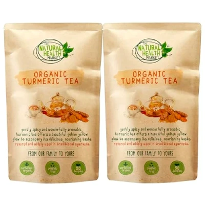 Image of Organic Turmeric Tea Bags By The Natural Health Market Gold Curcuma Longa Herbal Pure Root Plastic Free Filter Mesh and Outer Packaging (100 2 x 50 bag packs)
