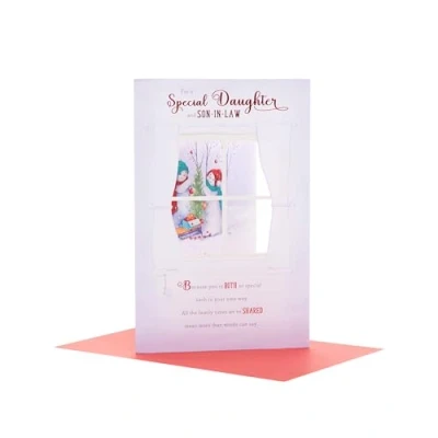 Image of UK Greetings Christmas Card for Daughter &amp; Son in Law Window Snowman Design