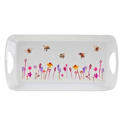Image of UNIQUE HOME LIVING Serving Tray, Dinner Breakfast Food &amp; Drinks Bees Flowers Print Medium Plastic Tray with Grip Handles 41 x 20cm