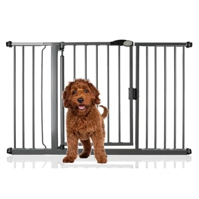 Image of Bettacare Auto Close Pet Gate, 132.6cm 139.6cm, Slate Grey, Pressure Fit Stair Gate for Dog &amp; Puppy, Safety Barrier Doors Hallways and Spaces, Easy Installation