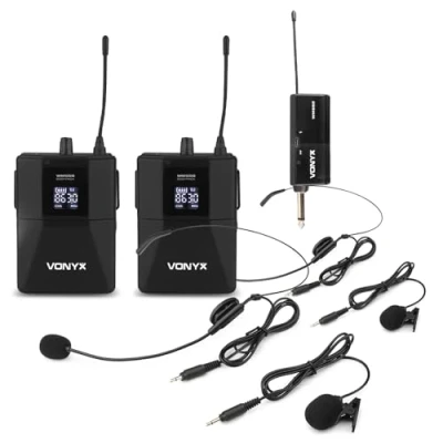 Image of VONYX WM552B Dual UHF Wireless Headset Microphone System Includes 2 Mic Headsets &amp; Lapel Microphones, 50m Range, Digital Display, Professional Presentation Performance Use