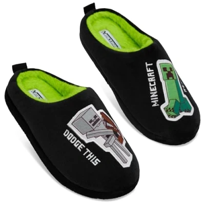 Image of Minecraft Boys Slippers, Cosy Creeper Indoor House Shoes Gamer Gifts for (Black/Green, 13/1 UK)