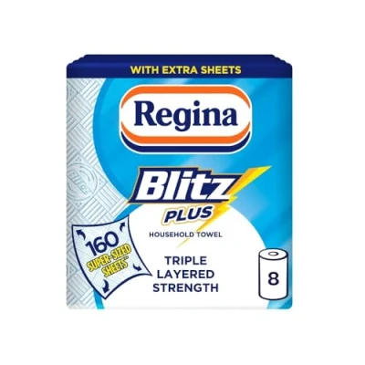 Image of Regina Blitz Plus Household Towel 8 Rolls Per Pack, 80 Sheets Roll, 3 Ply, Triple Layered Strength, Paper Towels Made with Virgin Pulp, Packaging, FSC Certified