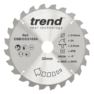 Image of Trend Wood Mitre Saw Blade, 216mm Diameter, 30mm Bore, 24 Teeth, TCT, 2.6mm Kerf, 5 Hook, CSB/CC21624
