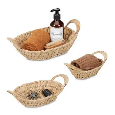 Image of Relaxdays Storage Basket, Set of 3, for Bathroom, Living Room &amp; Bedroom, Organiser, Woven Boxes, Water Hyacinth, Natural, Plant fibre, Various sizes