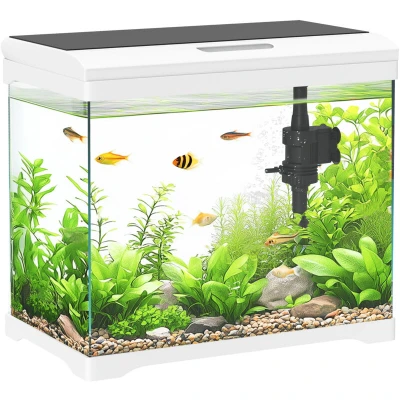 Image of PawHut 27L Fish Tank, Glass Aquarium with Filter System, LED Light, Water Pump, Tank Starter Kits for Betta, Goldfish, Shrimps, Cold Fish, White