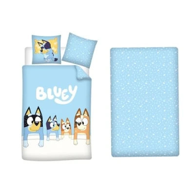 Image of Aymax Bluey 3 Piece Bedding Set, Duvet Cover 140 x 200 cm + Pillowcase 65 Fitted Sheet 90 cm, 100% Polycotton