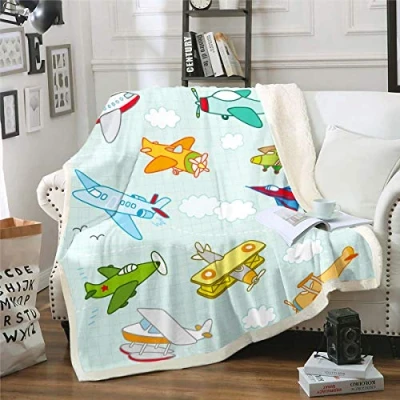 Image of Kids Aircraft Throw Blanket Child Boys Girls Cartoon Airplane Print Fleece Blankets Piston Fighter Sherpa Luxury Plush Blanketsfor Couch Bed Sofa Fuzzy Single 50&quot;x60&quot;